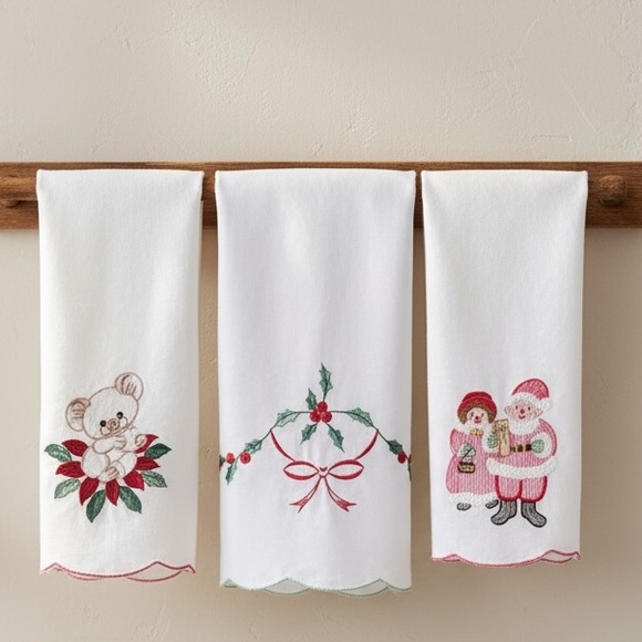 Embroidered Christmas Garland Mr&Mrs Claus Mouse Holly Hand Fingertip Towel Set - Picture 1 of 16